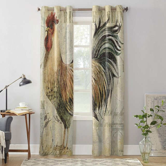 Super Six Fenstergardine mit Hahn-Motiv im Vintage Bauernhaus-Stil, grau, B: 135 cm, H: 60 cm - Bild 1