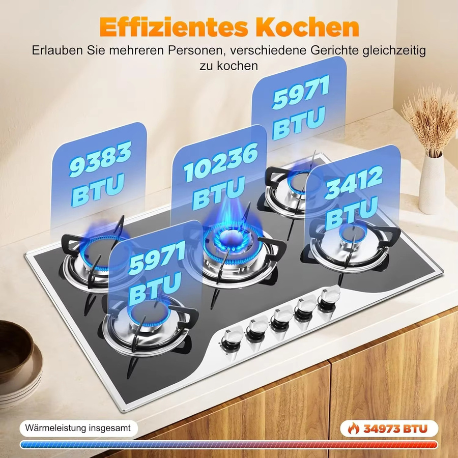Fridgestea Einbau-Gaskochfeld mit 5 Flammen und Glasplatte in Schwarz, inklusive Wok-Brenner für Propan und Erdgas, Breite: 77,5 cm - Bild 2