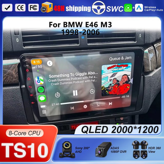 FengShiDa Android 16 Autoradio für BMW E46 M3 1998-2006 mit Carplay, 2Din Multimedia Videoplayer, 4G, WiFi und GPS Navigation, Schwarz - Bild 1
