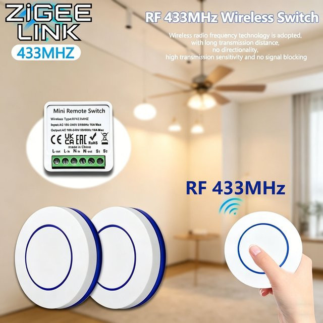 Shine-tale RF Funk-Lichtschalter 433MHz Mini-Fernbedienungsrelais-Empfänger DIY-Modul mit rundem Druckknopf-Sender in Weiß - Bild 1