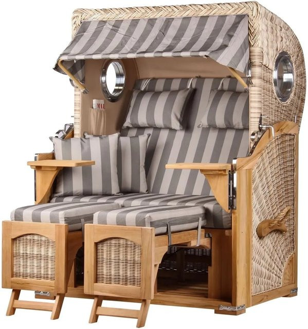 Bene Living Strandkorb Komplettset Ammersee Teak Bullauge PE Shell Modell 537 in Braun und Grau mit gestreiftem Design - Bild 1