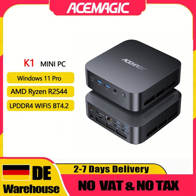 ACEMAGIC K1 Mini PC mit AMD Ryzen Embedded R2544, 16GB LPDDR4 RAM, 512GB SSD, Windows 11 Pro, WLAN und Bluetooth, Schwarz - Bild 1