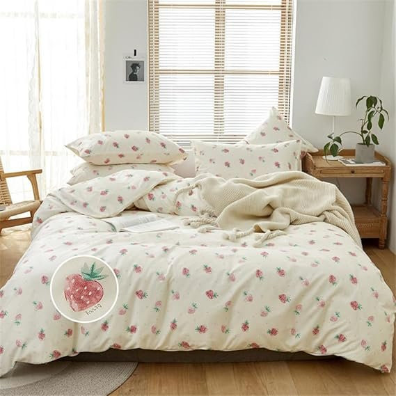 DREAMINGO Bettwäsche-Set Erdbeer-Design aus Baumwolle, Beige, B/H: 150 x 200 cm - Bild 1