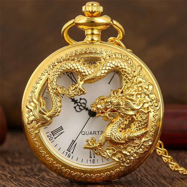 Wecin Taschenuhr, Gold, Vintage, Chinesischer Drache, Unisex - Bild 1