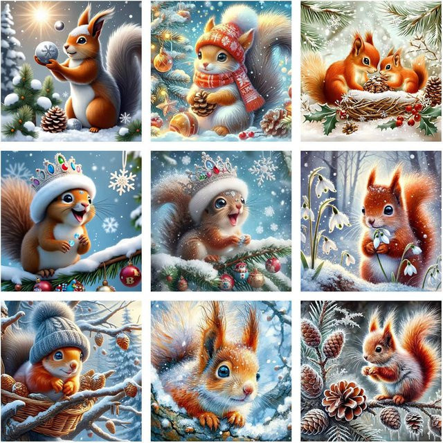 AZQSD 5D DIY Diamantmalerei Set Winter Eichhörnchen im Schnee mit runden Steinen in Multicolour, B/H: 20 x 20 cm - Bild 1