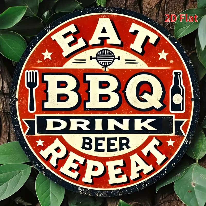Potdemiel Vintage-Wandschild aus Aluminium für Grill und Bier, rundes Retro-Dekor mit Grillutensilien und Sternen - Bild 3