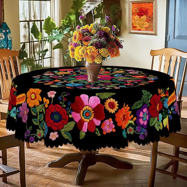 JINGYUE Pet Weihnachts-Tischdecke im Vintage-Bauernhaus-Stil mit Weihnachtsmann, Rentier und Weihnachtsbaum, wasserabweisend, Polyester, Farbe: Schwarz, B: 152 cm, L: 220 cm - Bild 1