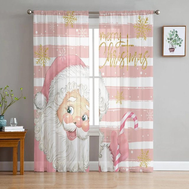 Weihnachtliche Tüll-Vorhänge mit Weihnachtsmann und Schneeflocken, Transparent mit rosa Streifen, Farbe: Weiß/Rosa, Breite: 135 cm, Höhe: 115 cm - Bild 1