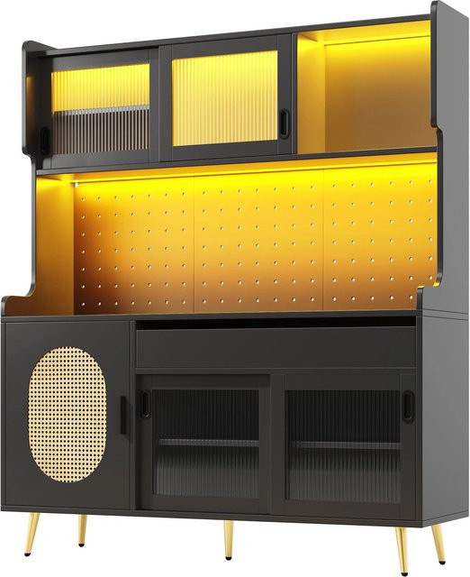 Merax Buffetschrank mit LED-Beleuchtung und Fluted Glas Türen in Braun/Schwarz, B/T/H: 145 x 39 x 171 cm - Bild 1