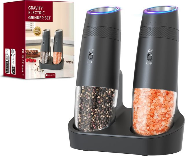 CLITON Automatisches Salz- und Pfeffermühlen-Set, USB wiederaufladbar, Schwarz, Einstellbare Grobheit - Bild 1