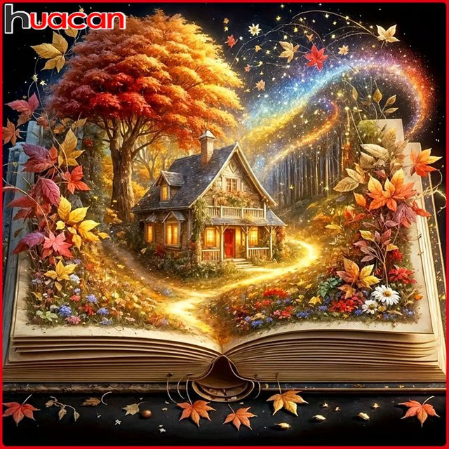 Huacan DIY Diamantmalerei Set Herbst Landschaft mit Haus und Baum, Mosaik Dekoration in Mehrfarbig, Breite: 20 cm, Höhe: 20 cm - Bild 1