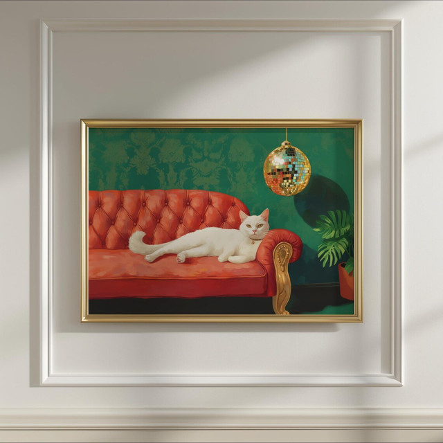 Kunstdruck mit weißer Katze und Discokugel von SHENCHEN, bunte Wanddekoration für dein Zuhause - Bild 1