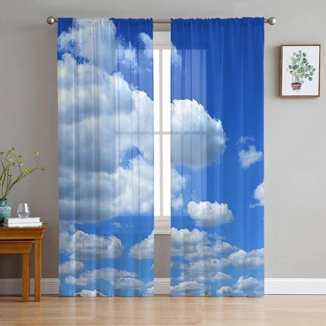 Transparente Vorhänge von A Family Of Home Textiles mit Cartoon-Wolken und Sternen in Blau, B: 135 cm, H: 114 cm - Bild 1