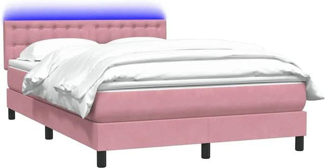 vidaXL Boxspringbett mit Matratze in Rosa, Hybridbett mit LED-Unterbettbeleuchtung und USB-Ladeanschluss, Samt, B/T: 140 x 210 cm - Bild 1