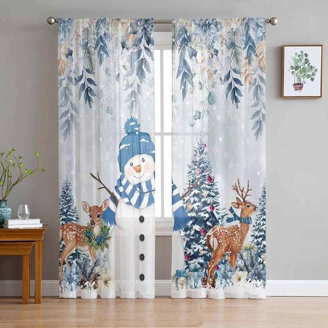 Transparente Weihnachtsvorhänge mit Schneemann und Poinsettie Motiv in Grau, Tüll Voile Vorhang für Wohnzimmer und Küche, Breite: 135 cm, Höhe: 115 cm - Bild 1
