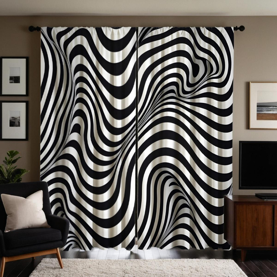2er-Set dekorative Gardinen mit schwarz-weißem geometrischem Wellenmuster und digitalem Banddruck, semi-transparent, B: 132 cm, H: 160 cm - Bild 2