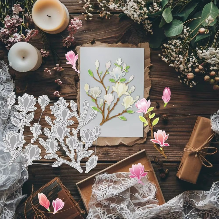 Metall-Stanzformen aus Karbonstahl in Silber für DIY-Handwerk und Kartenherstellung mit Magnolienblüten-Rahmen - Bild 2