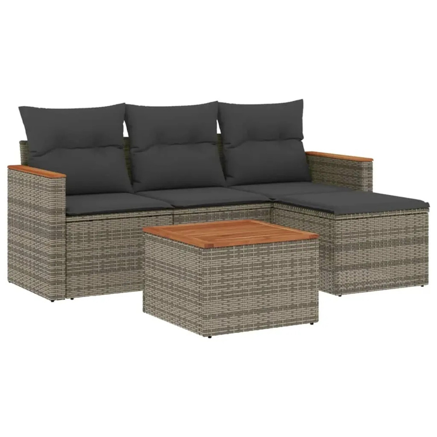 vidaXL 5-teilige Garten-Sofagarnitur aus Poly-Rattan und Akazienholz in Grau mit Kissen - Bild 2