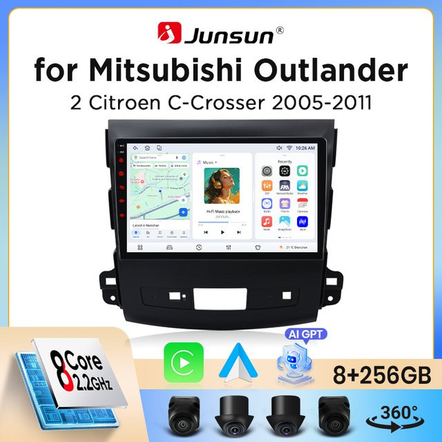 Junsun Wireless CarPlay und Android Auto Autoradio für Mitsubishi Outlander Mk2 und Citroen C-Crosser 2005-2012 mit GPS-Navigation, WiFi, Bluetooth und DSP in Schwarz - Bild 1