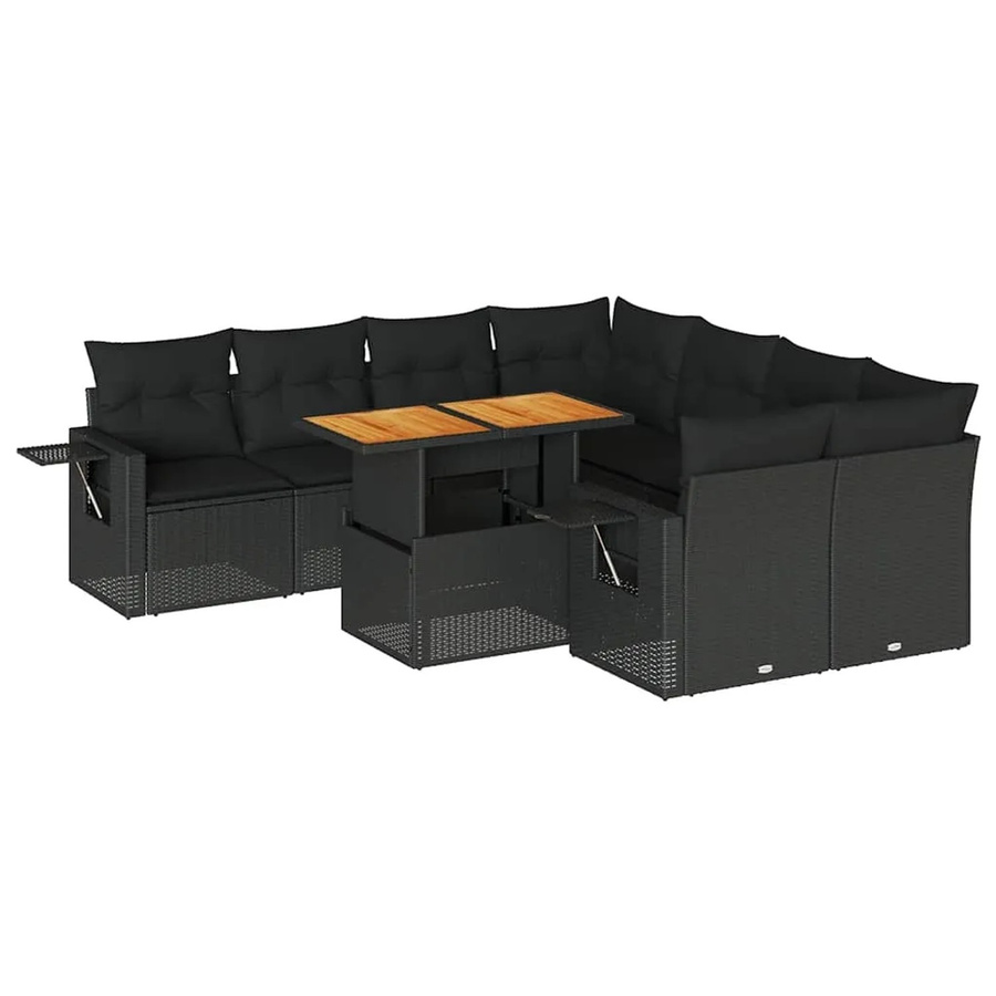 vidaXL 9-tlg. Garten-Sofagarnitur in L-Form aus Poly-Rattan und Akazienholz mit Kissen in Schwarz - Bild 2