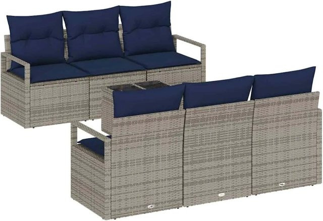 vidaXL 7-teiliges Lounge-Sofa Set aus Poly Rattan in Grau und Marineblau mit Kissen und Tisch - Bild 1