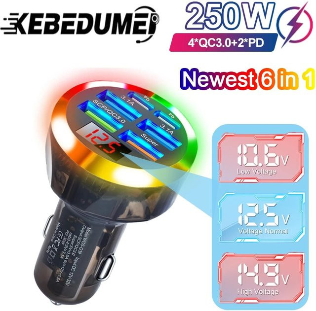 Kebidumei 200W Auto Ladegerät mit Spannungsanzeige und 6 Anschlüssen inklusive USB-C PD Schnellladung für iPhone, Samsung und Xiaomi - Bild 1