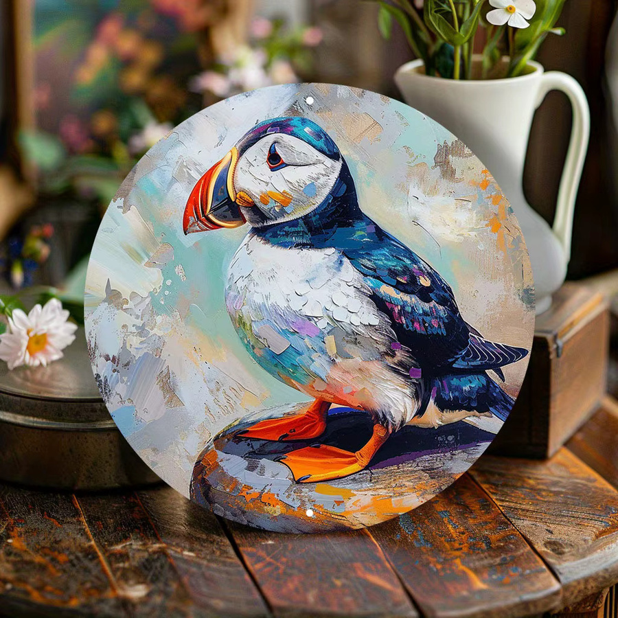 Puffin Art Aluminium-Wandschild mit mehrfarbigem Grafikdesign in Weiß, runde Metall-Wanddekoration mit Tiermotiv - Bild 2