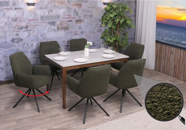 6er-Set MCW Esszimmerstühle G67 mit Armlehnen aus Bouclé Stoff in Eucalyptus Grün, drehbar mit Auto-Return Funktion, Oeko-Tex zertifiziert - Bild 1