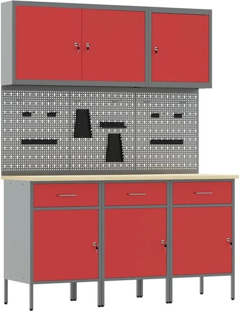 vidaXL Werkbank mit 8-teiligem Zubehör und Pegboard aus Holz und Stahl, Rot, B: 150 cm, H: 200 cm, T: 55 cm - Bild 1