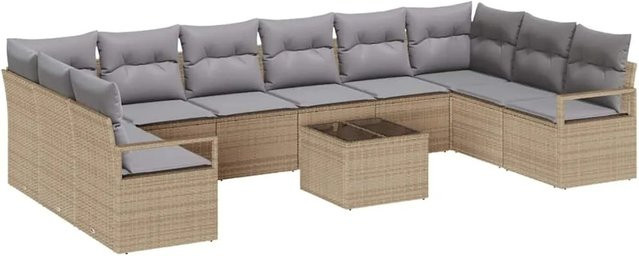 vidaXL Garten-Sofa-Set 11-tlg. in U-Form aus Poly-Rattan mit Polstern und Tisch, Beige-grau - Bild 1