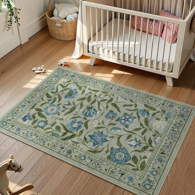 Bunter Druckteppich von Lodestar mit Blumenmuster und Blumengrenze, rutschfeste Fußmatte für Schlafzimmer, Sofa oder Eingangsbereich, B/B/H: 50 x 30 cm - Bild 1