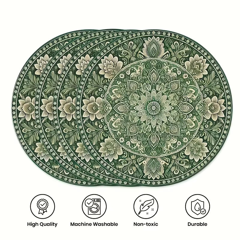 VIKAMA 4er Set Tischsets Mandala Blumen Design in Grün, runde Boho Tischsets aus PVC für deine Küche und deinen Esstisch - Bild 2