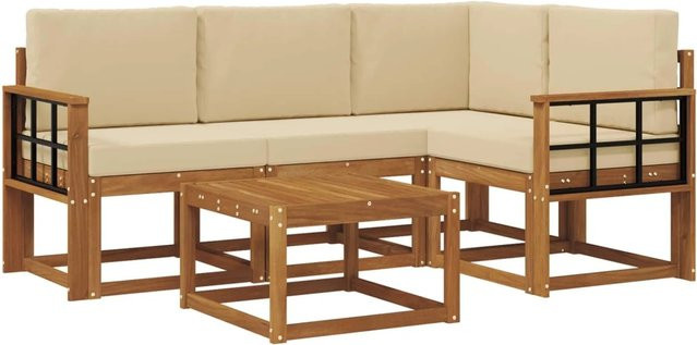 vidaXL Outdoor-Sofagarnitur in L-Form aus Akazienholz mit 5 Kissen in Natur und Beige - Bild 1