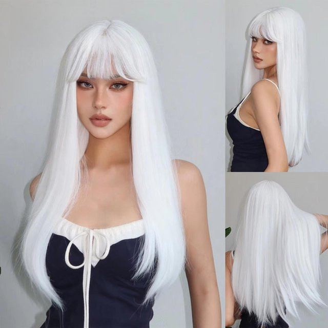 Weiße Lange Gerade Synthetische Perücke mit Pony, Damen, 26inches - Bild 1