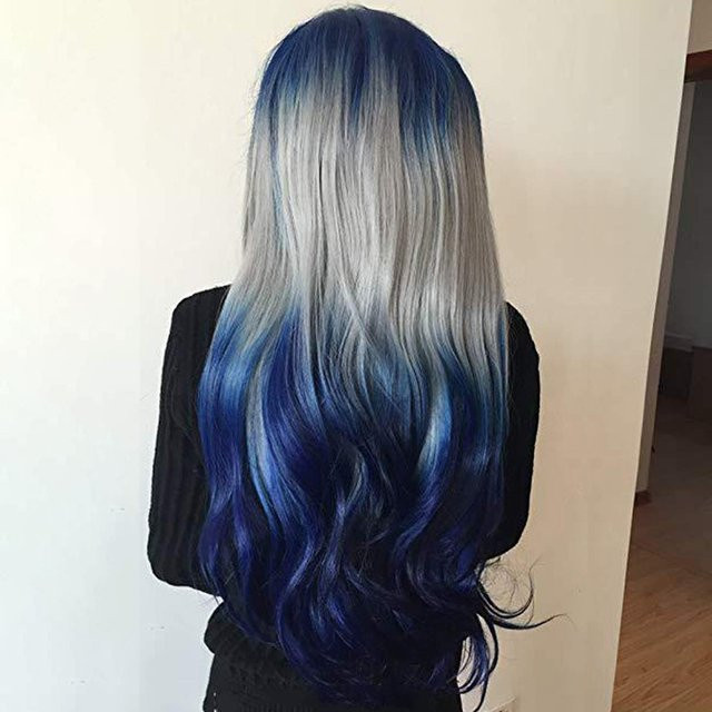 soowee Perücke, synthetisch, lang, blau Ombre-Grau, gewellt, Damen - Bild 1