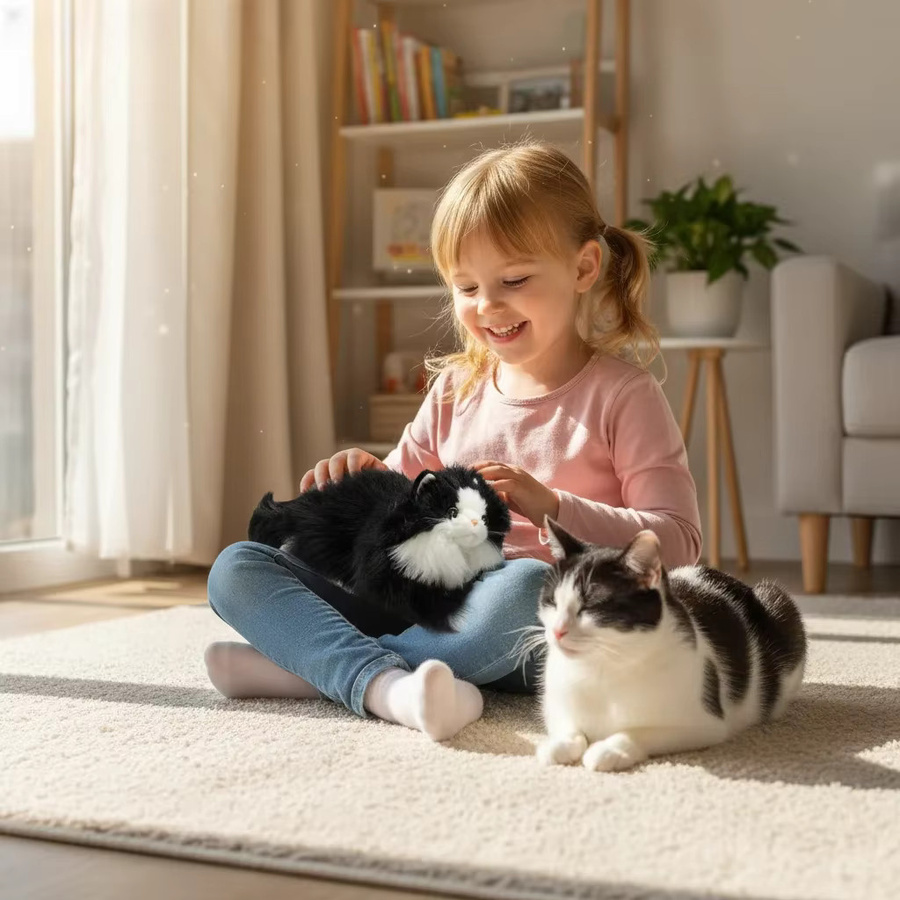 Realistische Stofftierkatze, Plüschkätzchenspielzeug, Schwarz, Weiß - Bild 3