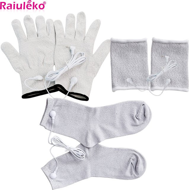 Raiuleko Elektrodenimpuls Massagehandschuhe und Socken aus leitfähiger Silberfaser für TENS und EMS Muskelstimulation in Silber und Grau - Bild 1