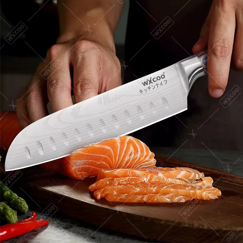 WXCOO Santoku-Messer aus japanischem VG10-Stahl mit Holzgriff, 17,78 cm, Mehrfarbig - Bild 4