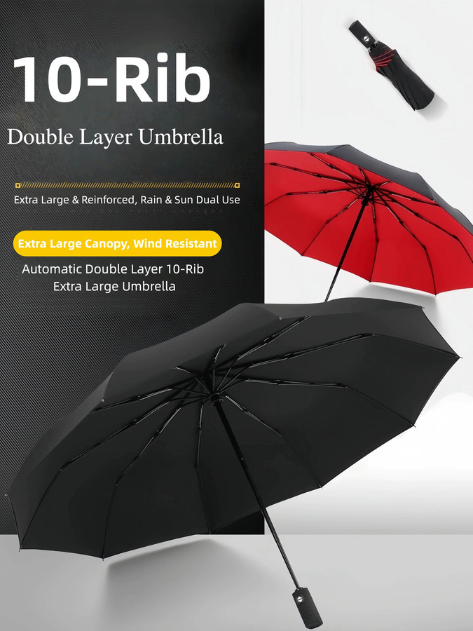 Momikawa Automatik-Doppelschicht-Regenschirm in Schwarz, winddichter und UV-beständiger XL-Regenschirm für 2 Personen mit 10 Rippen - Bild 5