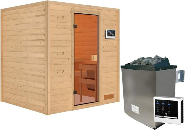 Karibu Sauna Adelina Set Naturbelassen in Braun mit 9 kW Ofen und externer Steuerung - Bild 1