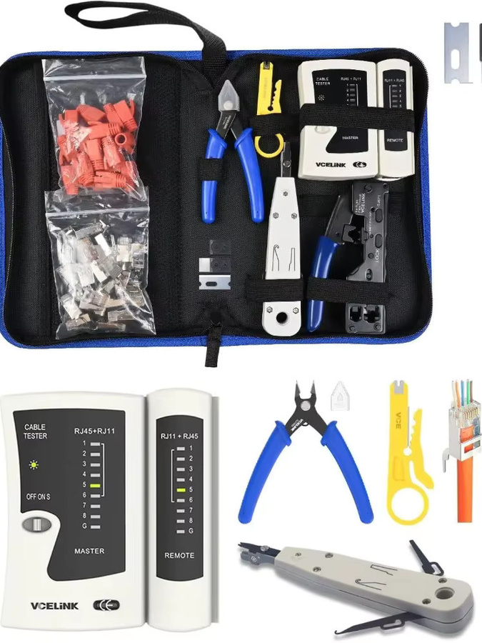 Rbefeuly Netzwerk-Werkzeugset in Blau mit RJ45-Crimpzange, 20x RJ45-Steckern Cat7/Cat6a Pass-Through, Netzwerktester, LSA-Montagewerkzeug und Abisolierzange - Bild 5