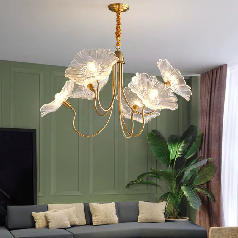 HomeLover Nordic Blume Kristall-Kronleuchter aus Glas in Transparent und Gold/Messing für Wohnzimmer, Küche oder Schlafzimmer - Bild 2
