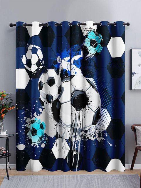 Fußball Graffiti Kunst Muster Verdunkelungsvorhang aus Polyester für Kinderzimmer und Familienzimmer, Blau, 2er-Set, Breite: 65 cm, Höhe: 60 cm - Bild 1