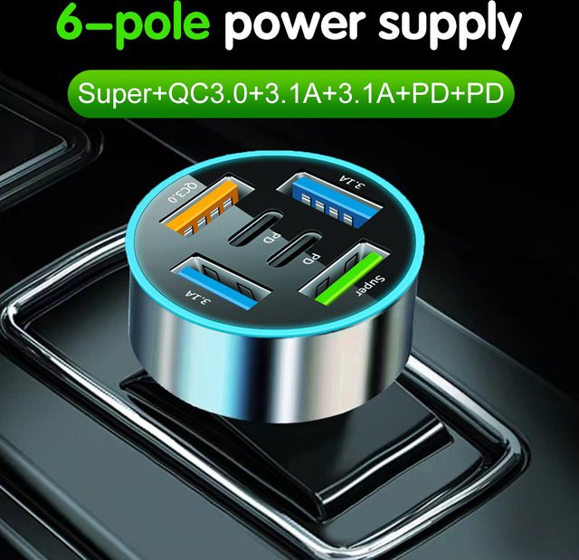 6-in-1 USB Autoladegerät mit Dual-PD und USB-C Anschluss für iPhone, Samsung, Xiaomi und Huawei in Schwarz - Bild 1