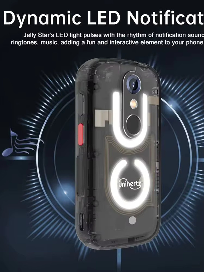Unihertz Jelly Star Mini-Smartphone mit 256 GB Speicher und 8 GB RAM in Schwarz mit transparenter Rückseite und LED-Licht - Bild 4