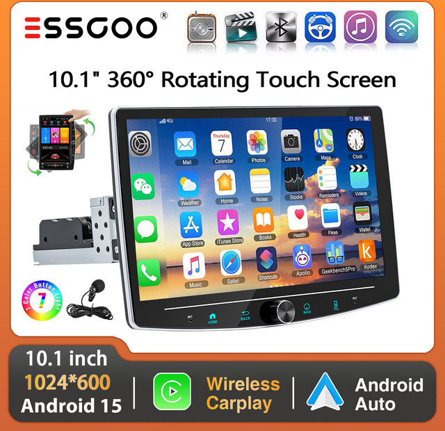ESSGOO Android 15 Autoradio mit 10,1 Zoll drehbarem Touchscreen, 64GB Speicher, kabelloses CarPlay, GPS, Bluetooth, Wi-Fi und FM in Schwarz - Bild 1
