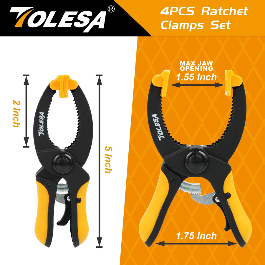 TOLESA 4-teiliges Handklemmen-Set mit Ratschen und Auslöserklemmen, 5 Zoll Backenöffnung, für Klebe- und Sicherungsarbeiten - Bild 2
