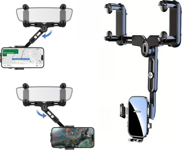 Universal Auto Rückspiegel Handyhalter in Schwarz, 360 Grad rotierende und einziehbare Telefonhalterung für 4 bis 7 Zoll Smartphones - Bild 1