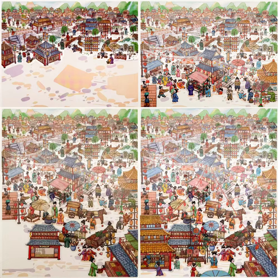 4 Stück Chang'an City Miniaturszene 3D-Landschaftsbau DIY-Aufkleber aus PET in Multicolour - Bild 2