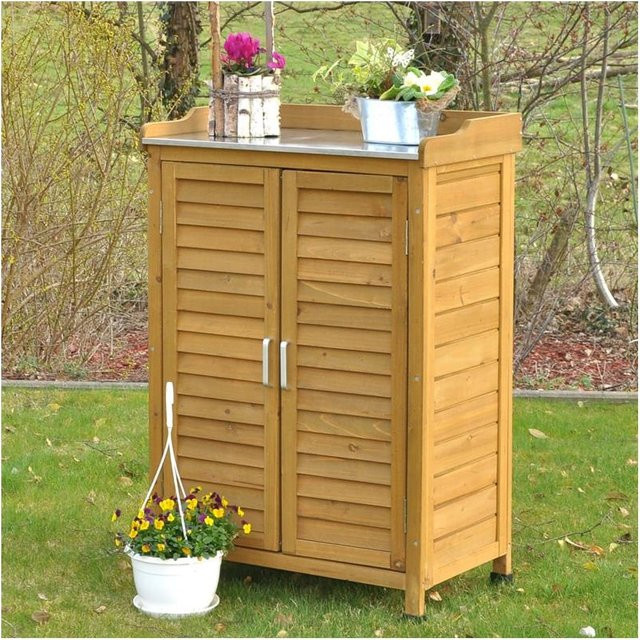 Dazikemo Gartenschrank aus Kiefernholz und Zinkblech in Braun mit zwei Innenregalen und Scharniertüren für Garten, Terrasse oder Balkon, B/T/H: 131,95 x 66,0 x 66,0 cm - Bild 1